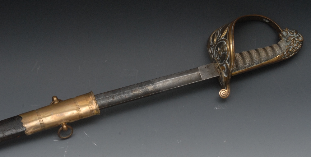 An 1846 pattern naval officer's sword, 71.5cm curved single-edged fullered blade, brass solid Gothic