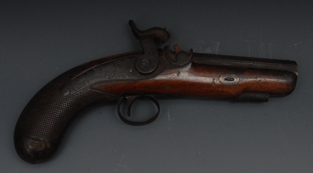 A 19th century percussion cap pistol, the lock plate engraved Barnes Grantham, damascus barrel,