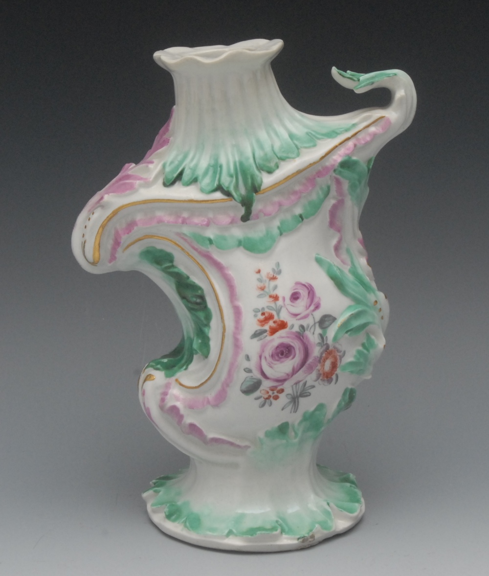 A Derby Patch Mark cartouche shaped vase, painted with fanciful birds in colours, the ground in