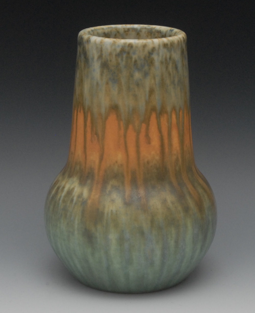 A Ruskin matt crystalline bulbous  vase, decorated in a dripped mottled green and orange glaze, 21.