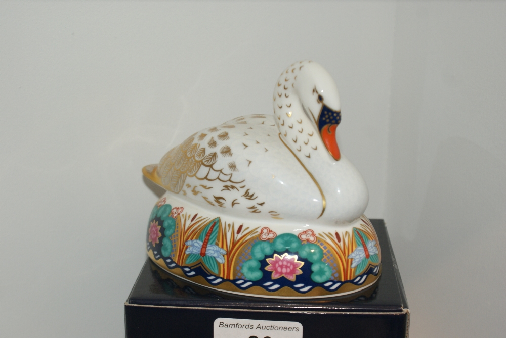 A Royal Crown Derby paperweight, Swan, printed mark, gold stopper, boxed