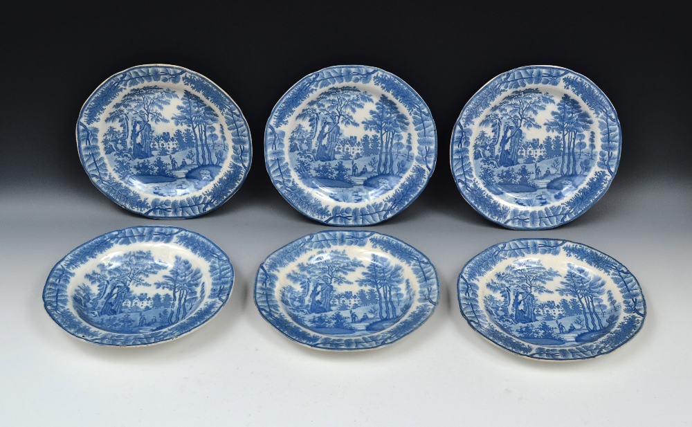 A set of six 19th century Davenport shaped circular plates, printed in blue with two figures in a