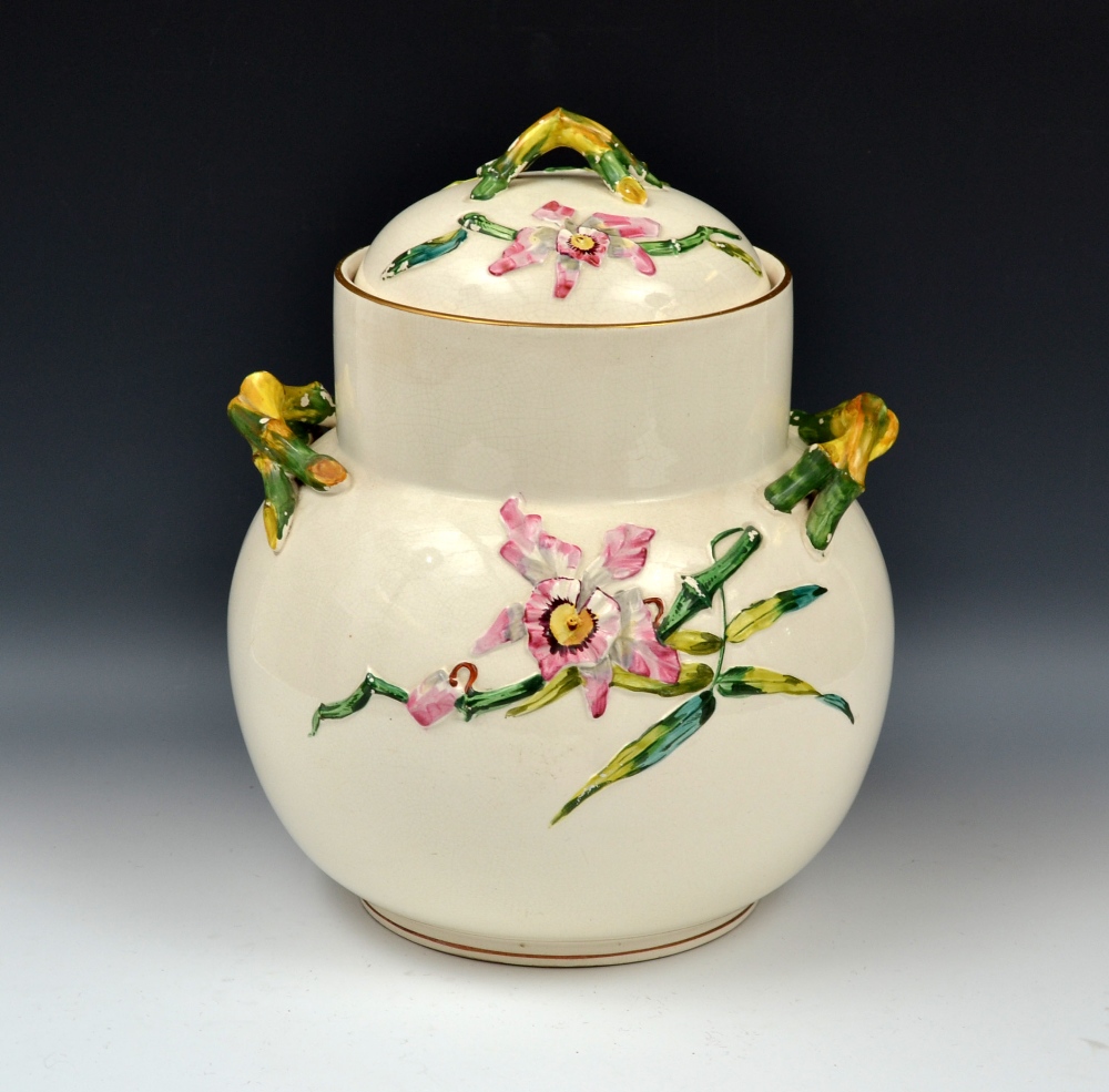 An EJD Bodley  two handled water jar and cover, moulded with bamboo, bamboo handles, 37cm high,