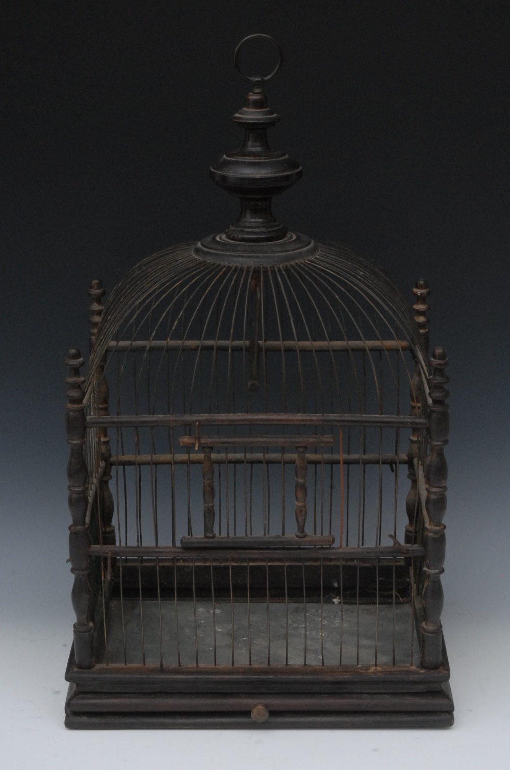 A George III domed rectangular bird cage, turned cresting with brass ring finial, turned columns