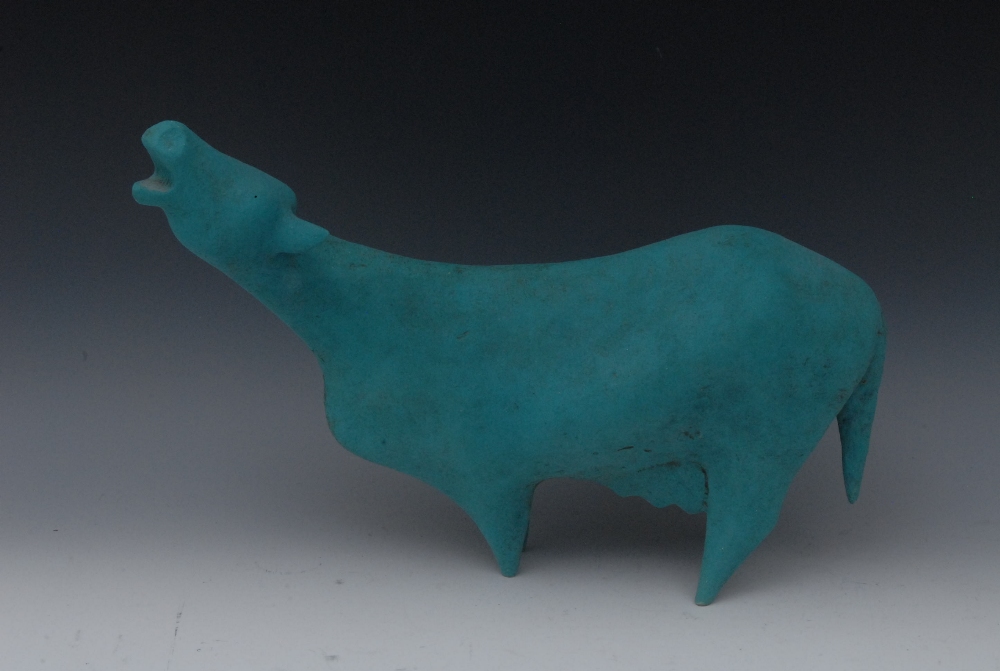 Paul Smith (Bn.1961), press moulded clay,  Bellowing Cow, in turquoise, signed, 45cm long, limited