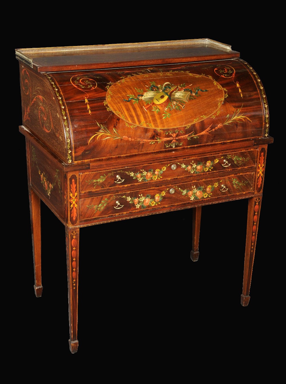 A Sheraton Revival painted mahogany and satinwood cylinder desk, pierced brass three-quarter gallery