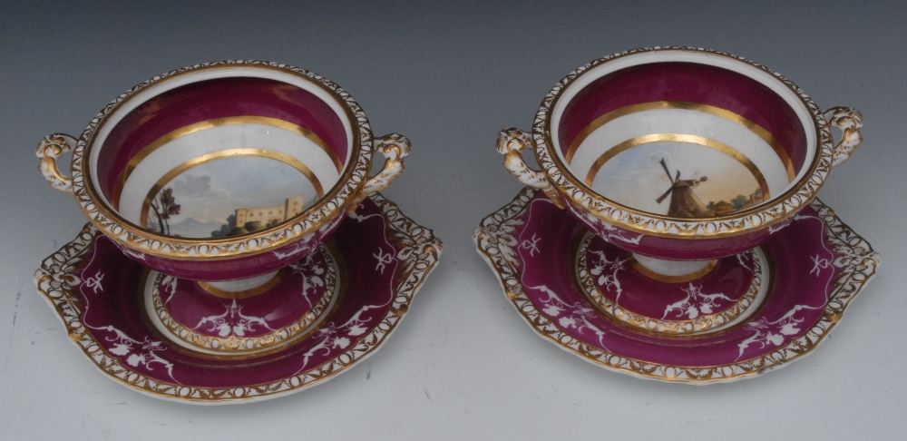 A pair of Spode Named View sauce tureens and stands, painted with Millbank Windmill and
