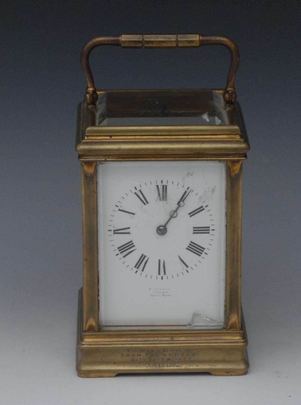 A French lacquered brass four glass carriage timepiece, 7cm rectangular enamel dial inscribed with