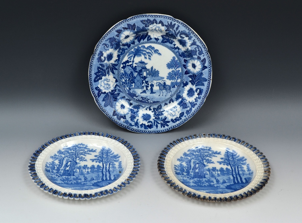 A Rogers Zebra pattern shaped circular plate,  printed in blue with zebra and chinoiserie-type