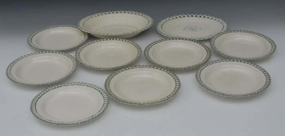 A Neale creamware basket weave oval dish and stand and eight conforming circular plates, each