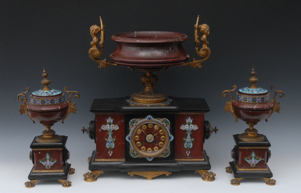 A 19th century champleve enamel, rouge marble and belge noir mantel clock garniture, 8.5cm