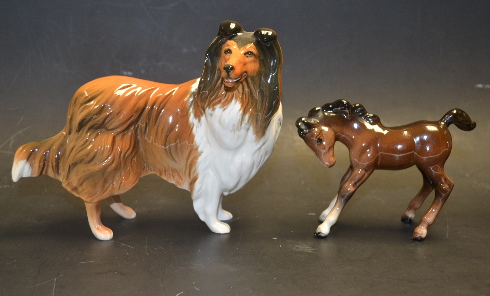 A Beswick model of a border collie; another, a prancing pony. (2)
