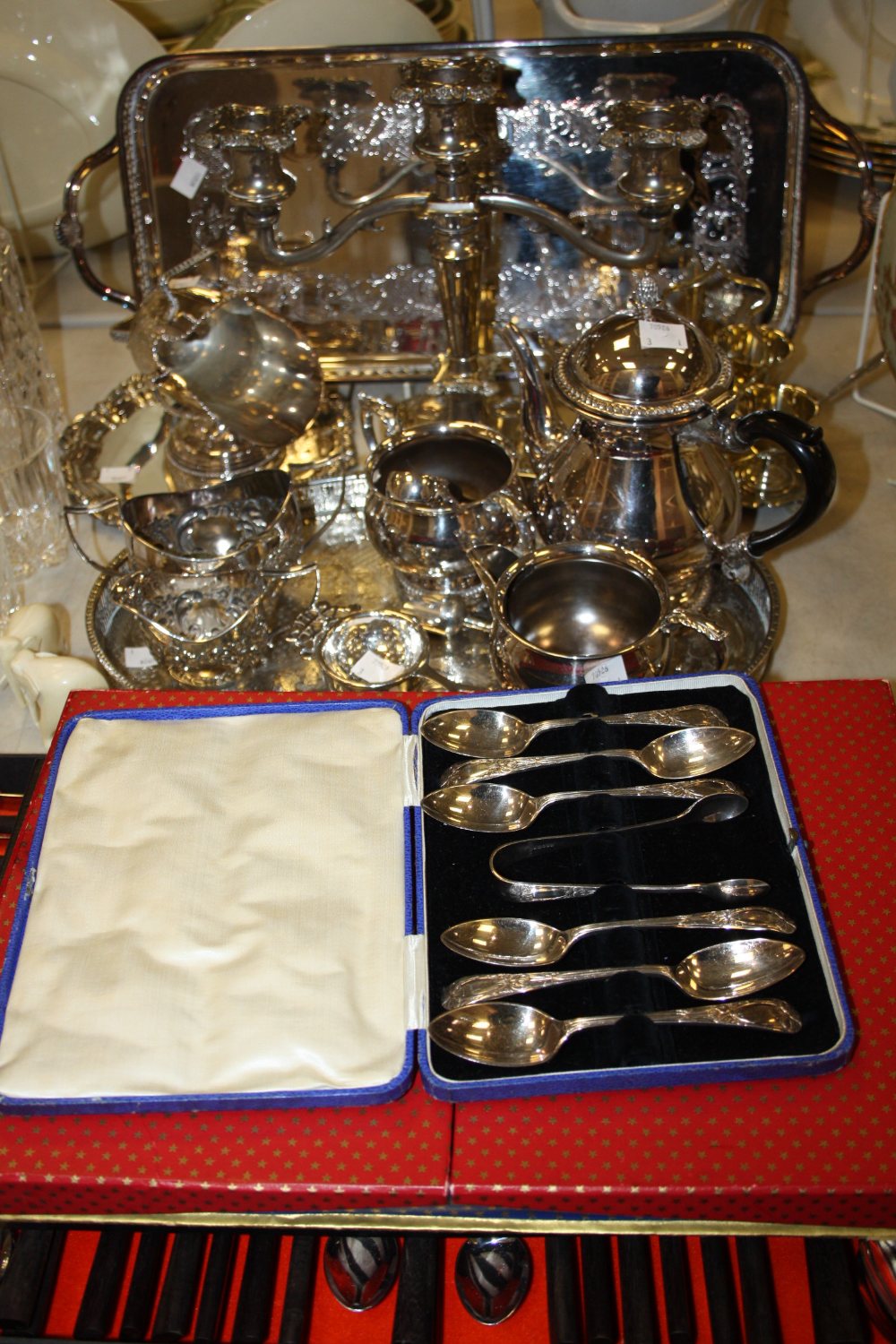 Silver plated ware - gallery trays, table candelabrum; flatware; etc