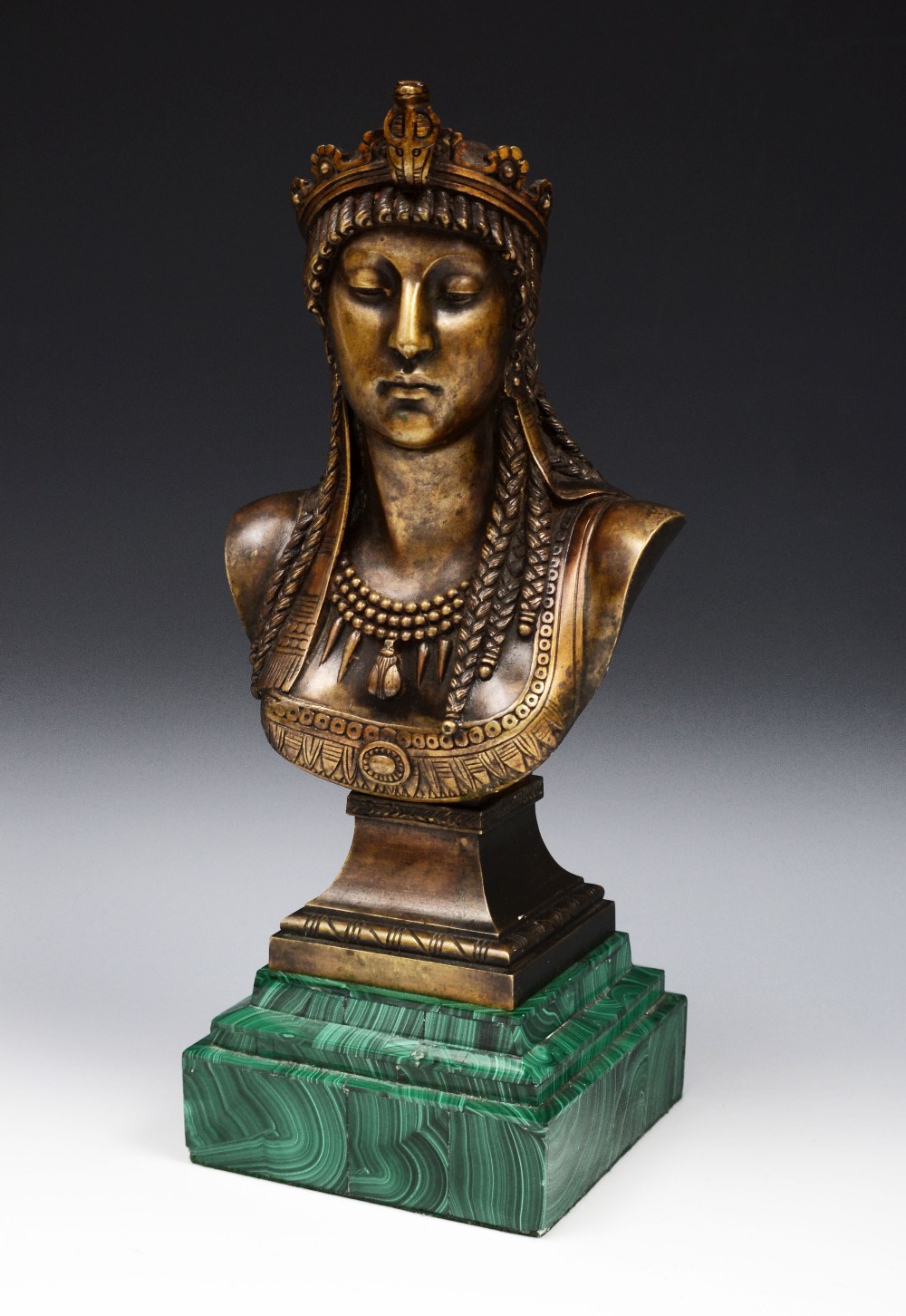 French School (19th Century), a patinated bronze bust, of an exotic princess, stepped malachite