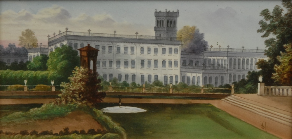 An English Porcelain rectangular plaque, painted with Trentham Hall,. 14cm x 28cm, signed with