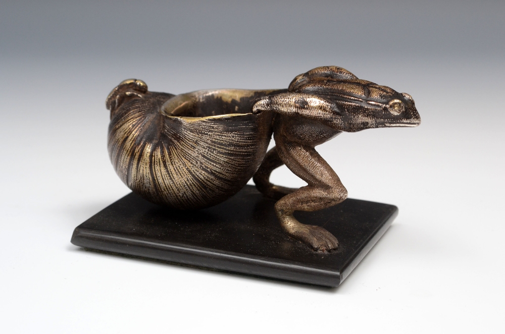 A 19th century silvered bronze novelty table vesta, as a frog drawing a large shell, belge noir