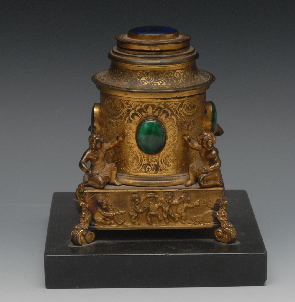 A 19th century Russian ormolu inkwell, as the base of a Classical column, applied with putto and