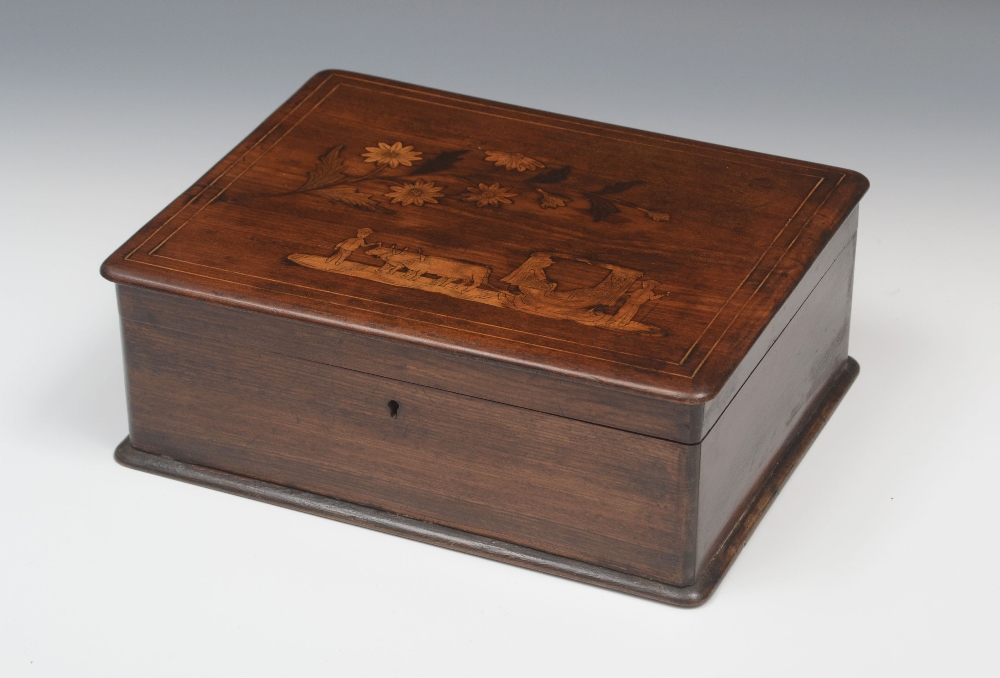 A 19th century Sorrento ware marquetry rectangular work box, hinged cover inlaid with an oxen drawn
