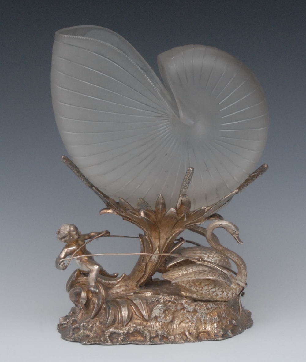 A Victorian electro-type and frosted glass spoon warmer, the nautilus shell bowl, supported on a