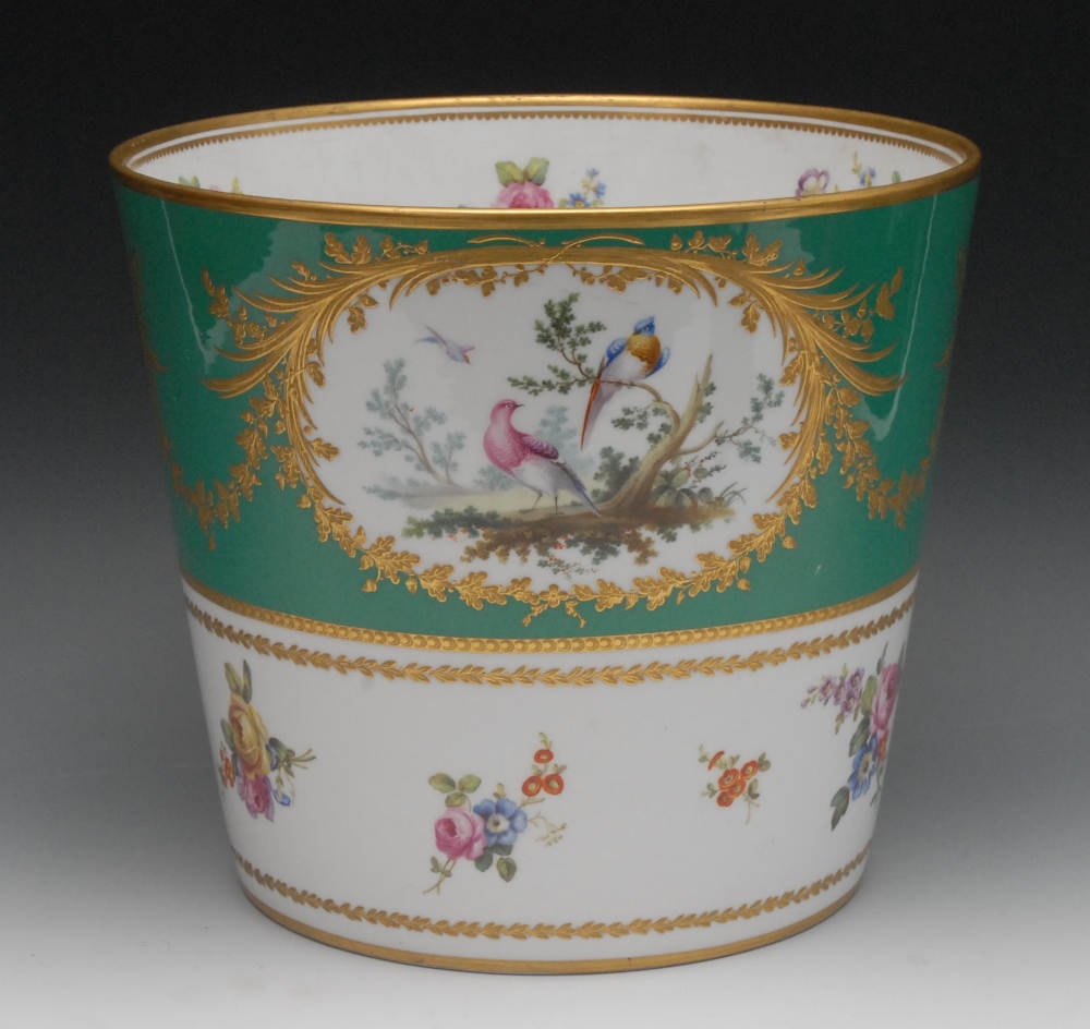 A Spode Copelands China tapering cylindrical jardiniere, painted with three leafy gilt cartouches