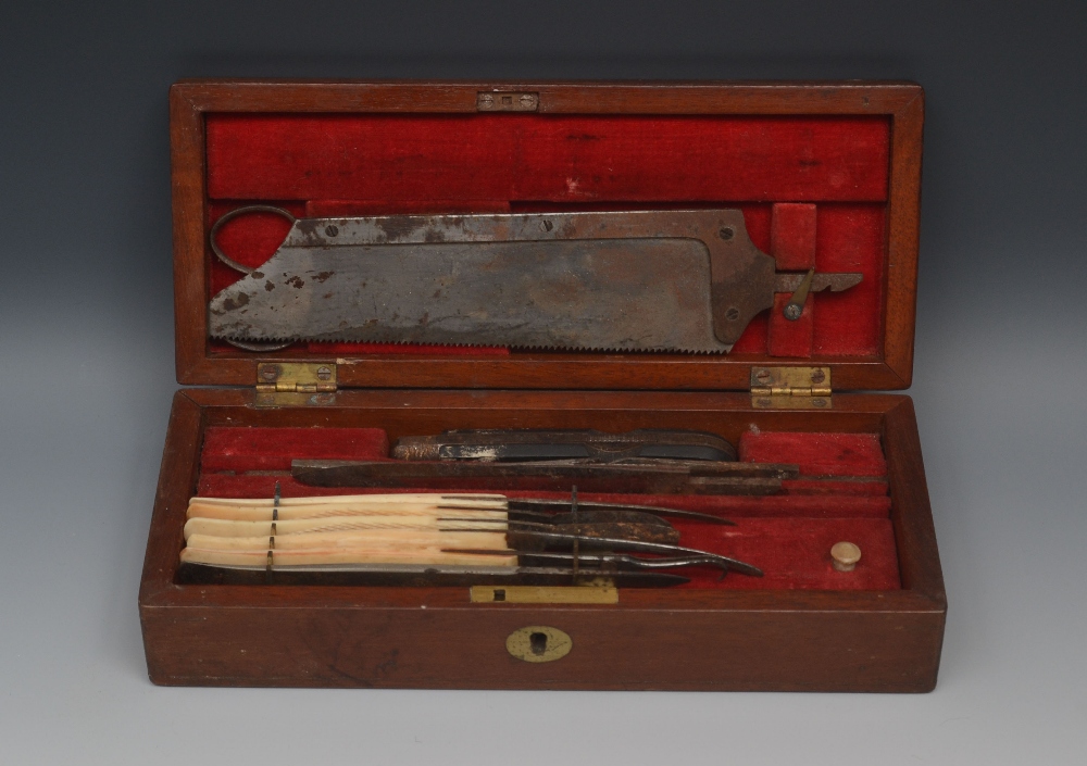 A 19th century field surgeons amputation saw, scalpels and instruments, possibly by Stevens,