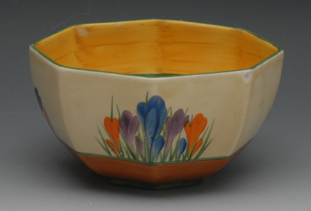 A Clarice Cliff Crocus pattern octagonal bowl, brightly decorated with blue, purple and orange