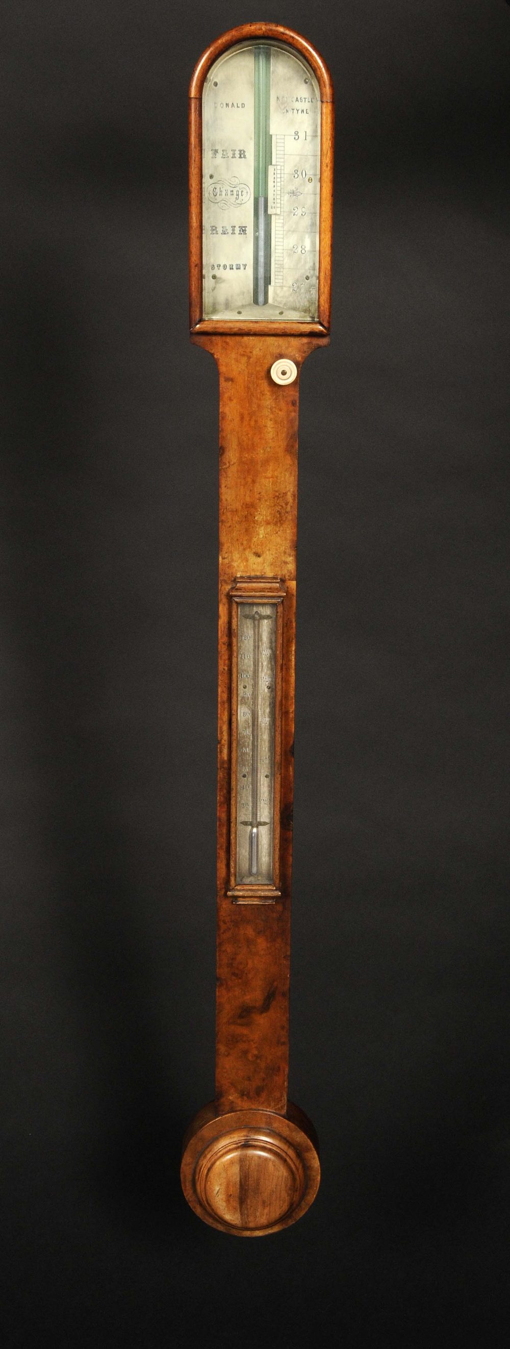 A mid 19th century burr walnut mercury stick barometer, with ivory scale, inscribed Donald,