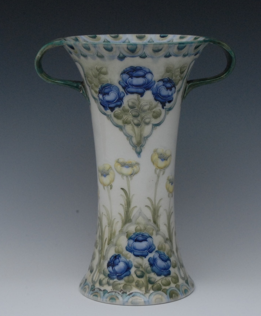 A Macintyre Burslem Moorcroft Poppy pattern two-handled waisted cylindrical vase, tube lined with