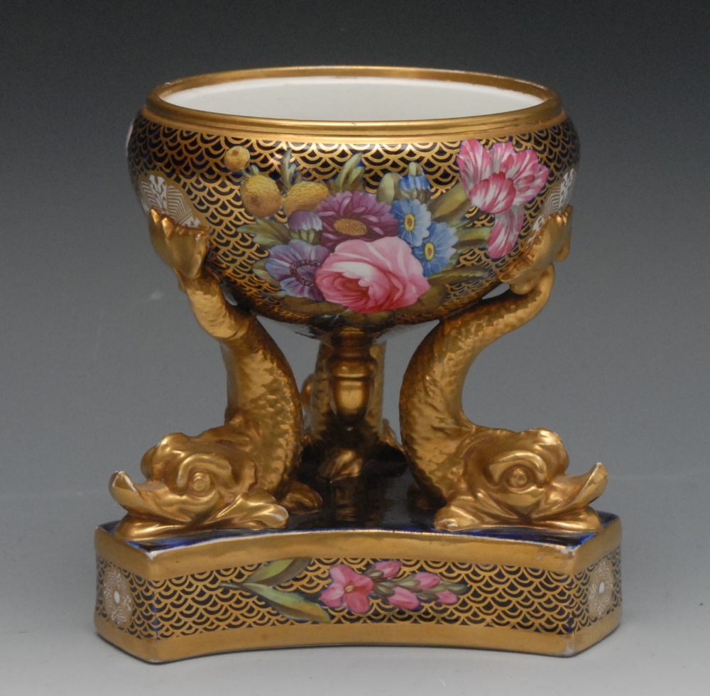 A Spode pot pourri base, the globular bowl supported on three gilt dolphins, triangular base,