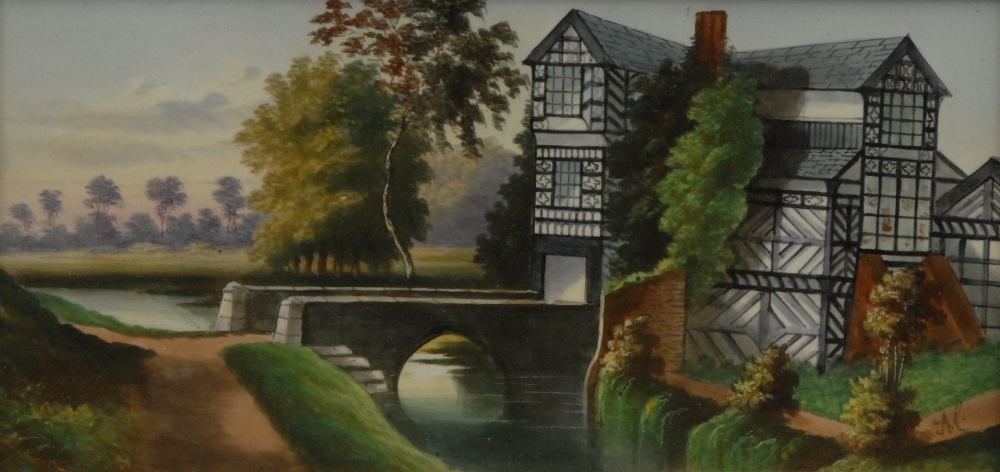 An English Porcelain rectangular plaque, painted with Little Moreton Hall, 14cm x 28cm, signed with