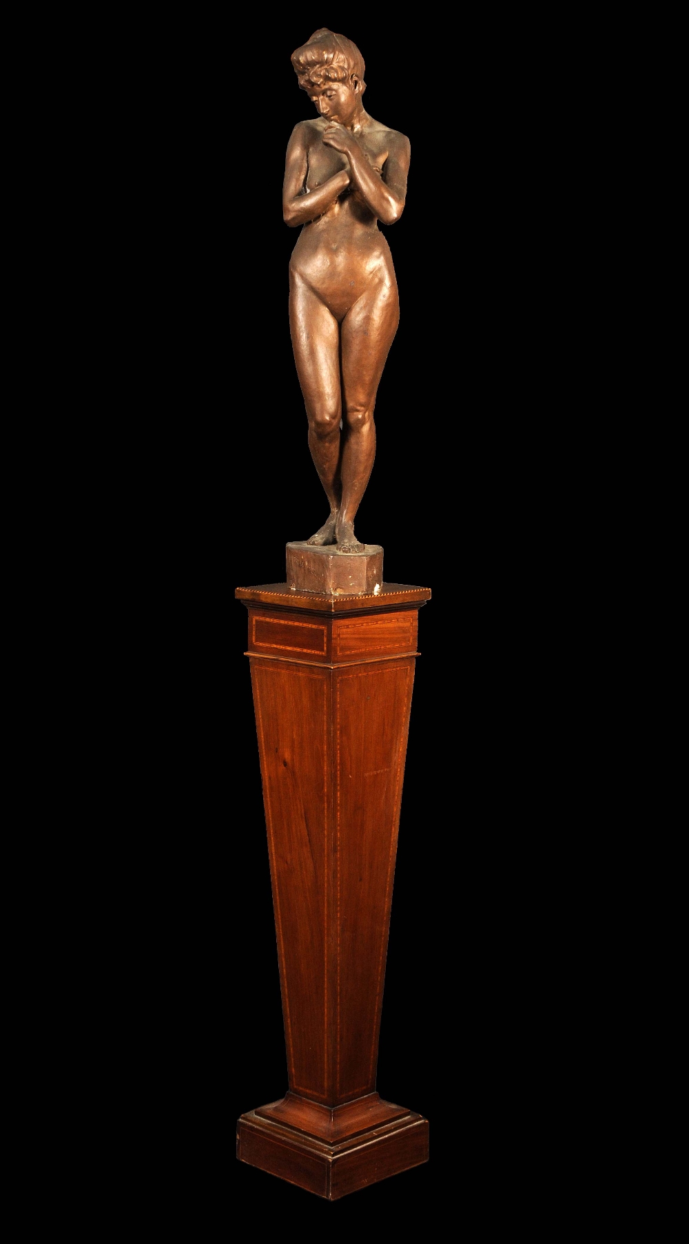 M W Blackden (exh.1890), a bronzed compostion figure, Nude Bather Surprised, signed maquette, 97cm