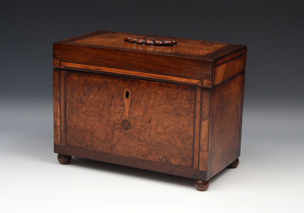 A George III mahogany crossbanded pollard oak rectangular tea caddy, hinged cover applied with an