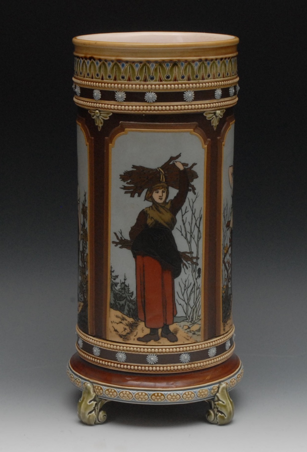 A Villeroy & Boch Mettlach cylindrical vase, by Christian Warth, the sides incised and in relief