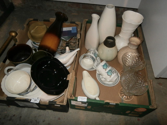 2 boxes of pottery and 2 glass vases