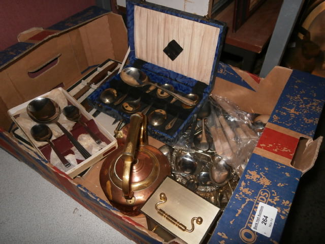 Box of cutlery and a copper and brass kettle