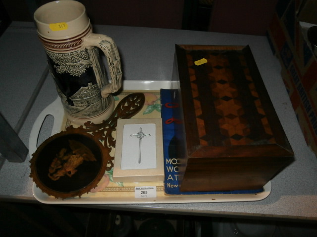 Tray inc carved hand mirror inlaid wooden box and a stein etc