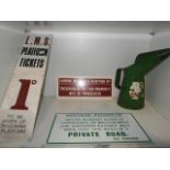 3 reproduction railway signs and an oil can