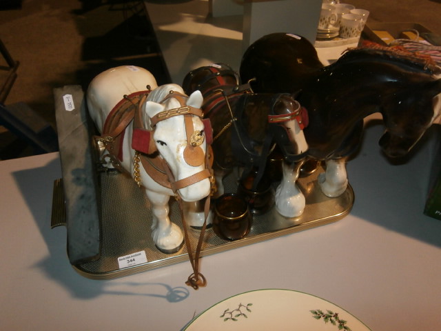 3 ceramic cart horses and a slate clock