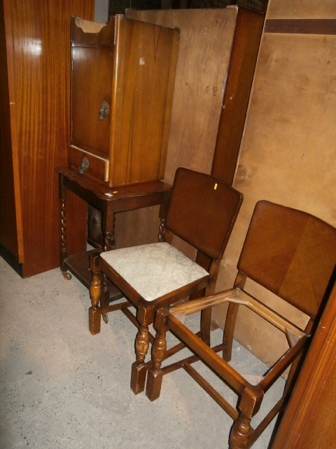 Oak barley twist occasional table 2 chairs and a bedside cabinet