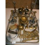 Large tray of brass ware inc candle sticks, companion set etc