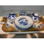 Tray of blue and white oriental pottery
