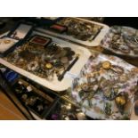 Tray of costume jewellry, watches coins, etc