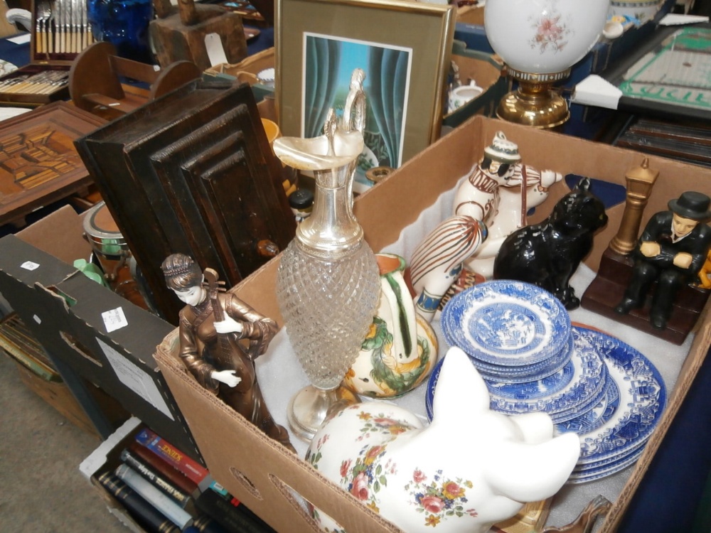 2 boxes inc figurines, old willow pottery and brassware etc