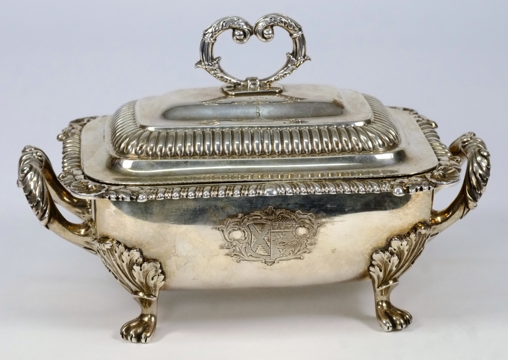 A George III silver rectangular serving dish and cover, maker HI20cm. wide, London, 1816: crested,