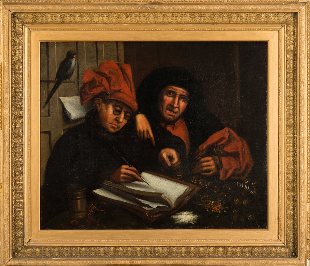 After Quentin Matsijs [circa 1800]-
The Money Lender:-
oil on canvas
64 x 75.5cm.