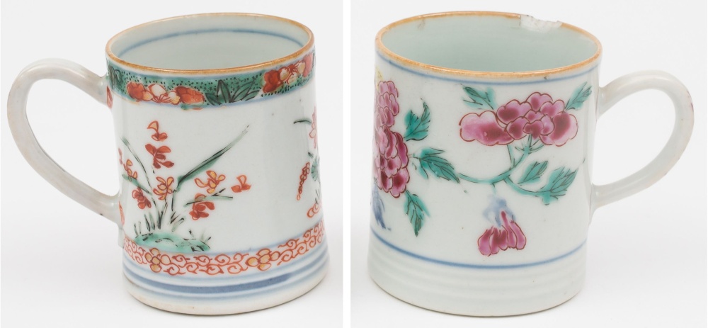 A Chinese famille verte small mug and one other: the first painted with flowering plants and