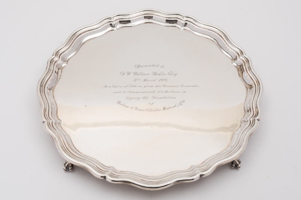 A George V silver circular salver, maker James Dixon & Son, Sheffield 1922: presentation