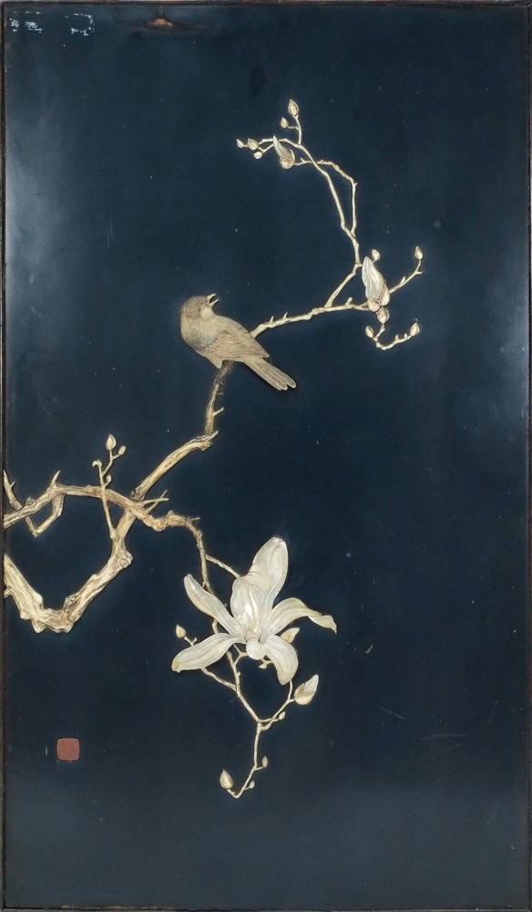 A Japanese Shibayama and mother of pearl inlaid  panel: of a bird perched on a branch, 61 x 36cm.