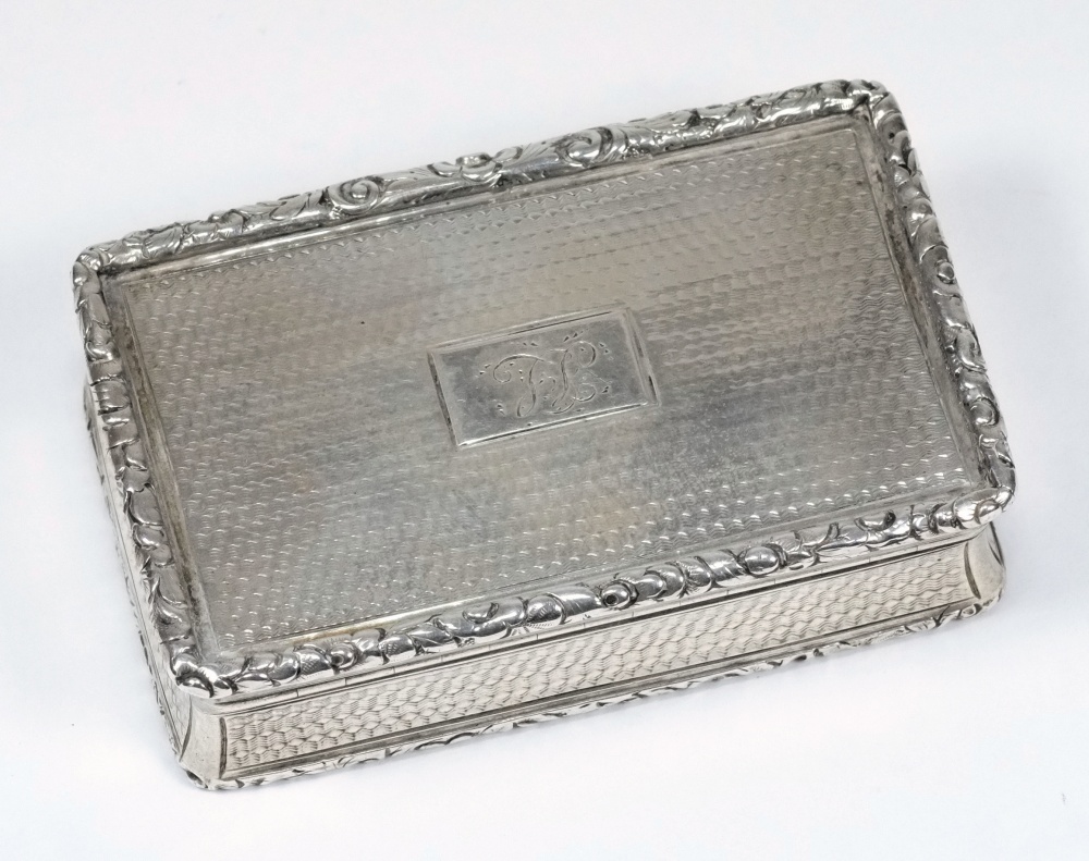 A William IV silver snuff box, maker Gervase Wheeler, Birmingham, 1832: initialled, with engine