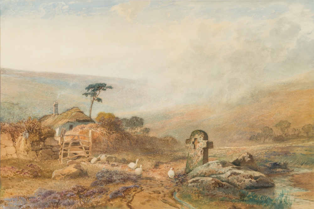 Henry Johnson [1826-1884]-
A Dartmoor Road, cottage and geese in the foreground:-
watercolour
50 x